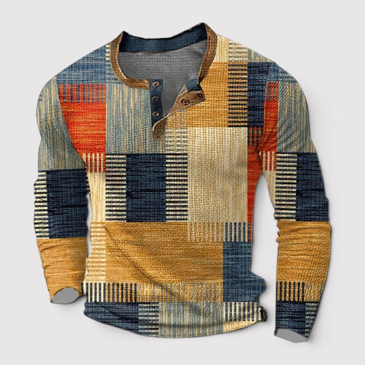 Markus Berlin Herren Henley-Langarmshirt mit Patchwork-Muster, Vorderansicht