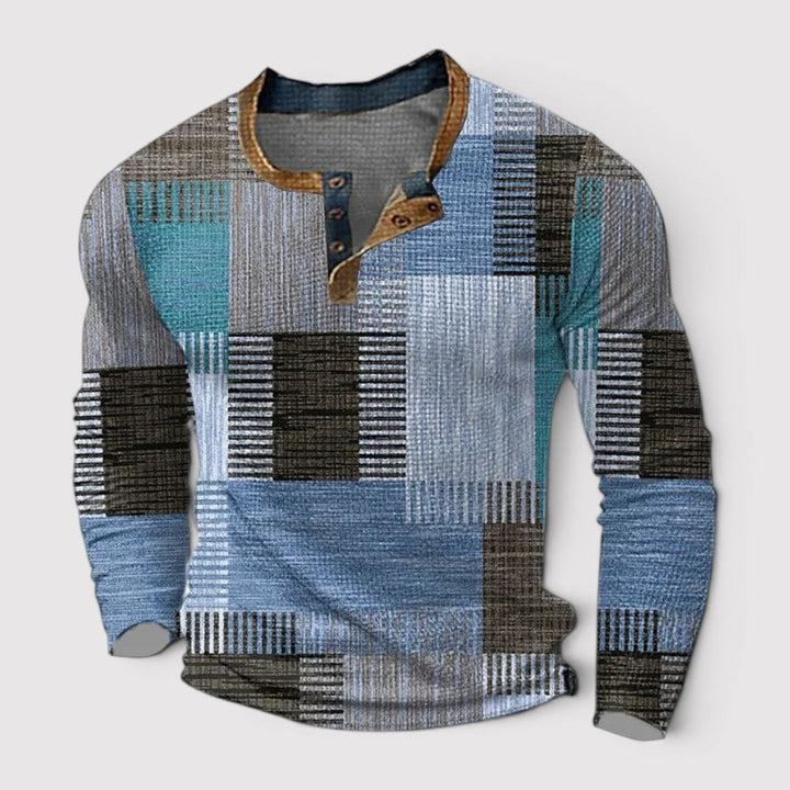 Markus Berlin Herren Henley-Langarmshirt mit Patchwork-Muster, Vorderansicht