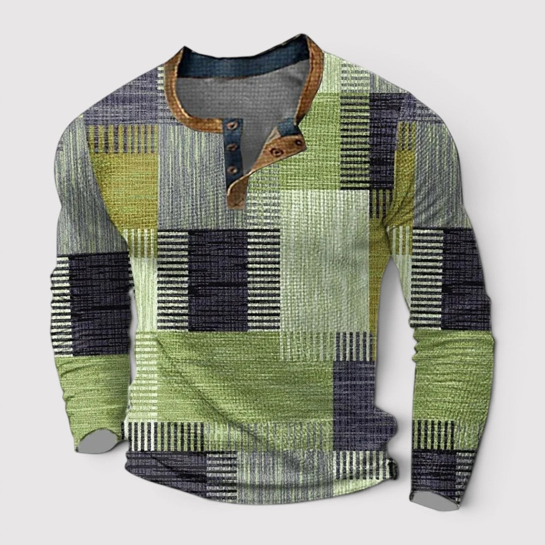 Markus Berlin Herren Henley-Langarmshirt mit Patchwork-Muster, Vorderansicht