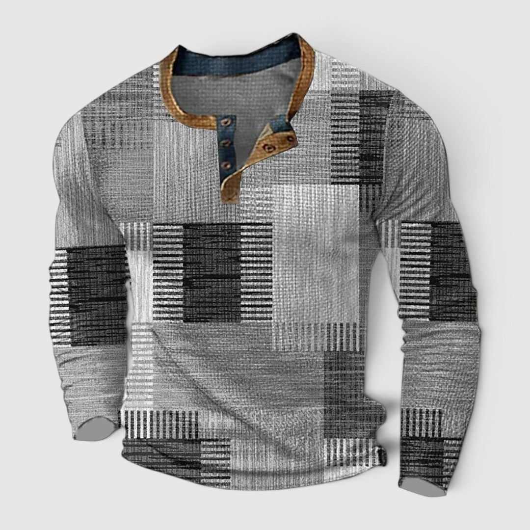 Markus Berlin Herren Henley-Langarmshirt mit Patchwork-Muster, Vorderansicht